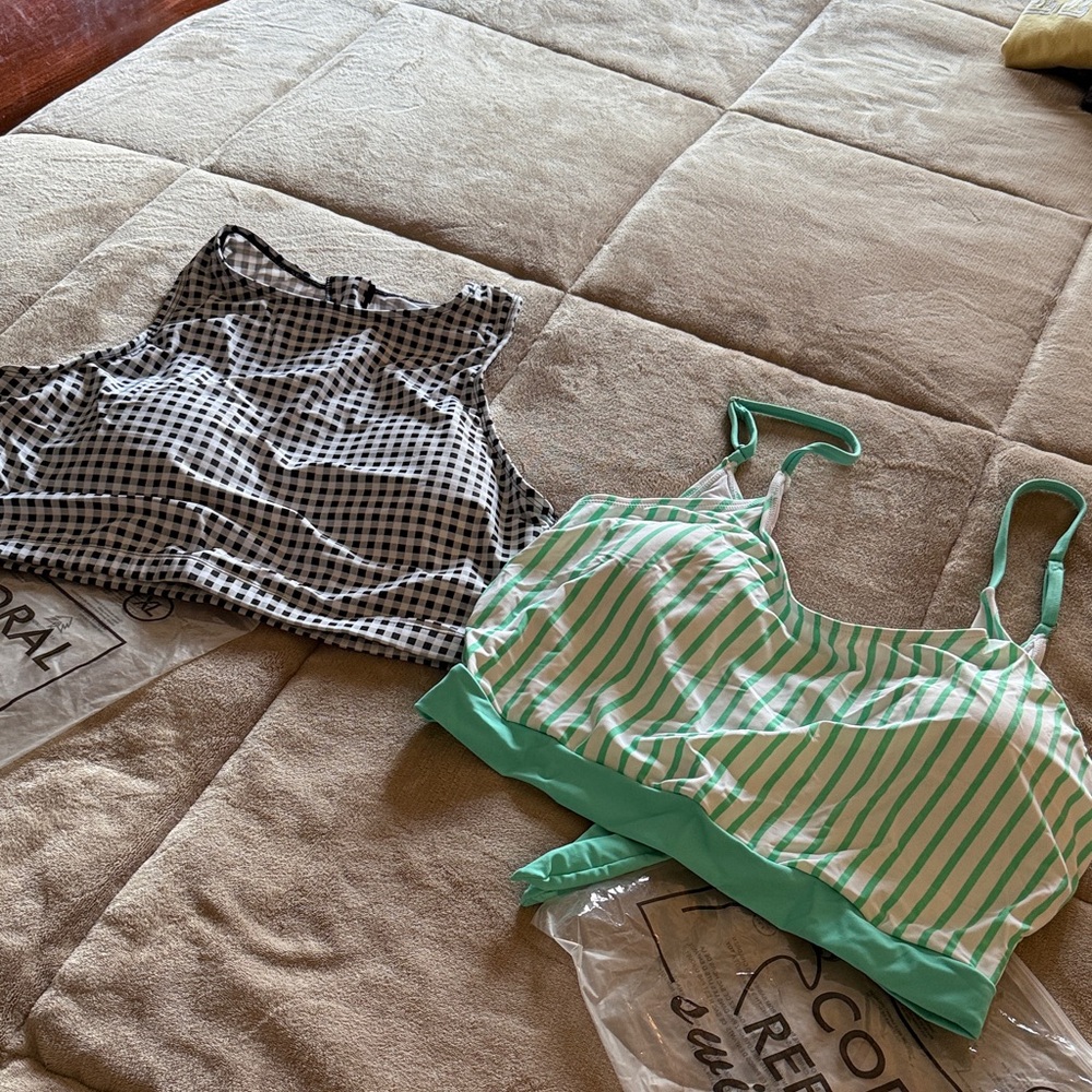 Chic Green Striped and Black Checkered Bikini Tops